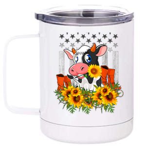 Cute Cow Cute Gift Sunflower American Flag Cow Farmer Gift 12 oz Stainless Steel Tumbler Cup