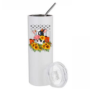 Cute Cow Cute Gift Sunflower American Flag Cow Farmer Gift Stainless Steel Tumbler