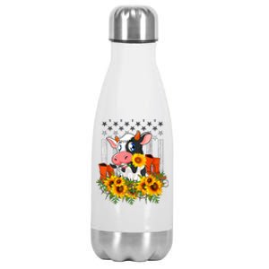 Cute Cow Cute Gift Sunflower American Flag Cow Farmer Gift Stainless Steel Insulated Water Bottle