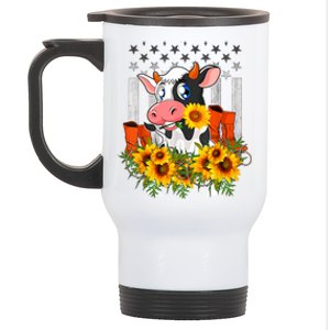 Cute Cow Cute Gift Sunflower American Flag Cow Farmer Gift Stainless Steel Travel Mug