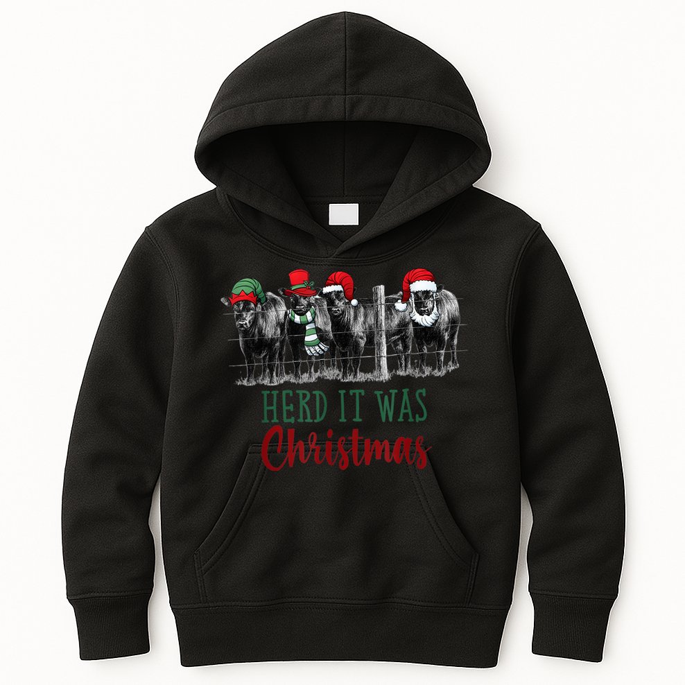 Cute Christmas Cows Herd It Was Christmas Funny Cow Shirt Kids Hoodie
