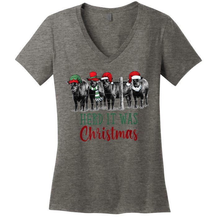 Cute Christmas Cows Herd It Was Christmas Funny Cow Shirt Women's V-Neck T-Shirt