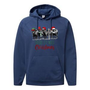 Cute Christmas Cows Herd It Was Christmas Funny Cow Shirt Performance Fleece Hoodie