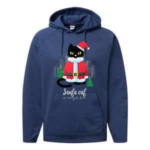 Christmas Cat Cute Humor Santa Is Coming To Town Cat Lover Performance Fleece Hoodie