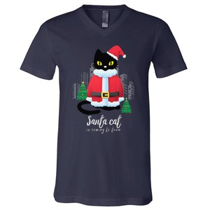 Christmas Cat Cute Humor Santa Is Coming To Town Cat Lover V-Neck T-Shirt