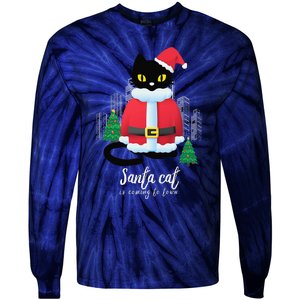 Christmas Cat Cute Humor Santa Is Coming To Town Cat Lover Tie-Dye Long Sleeve Shirt