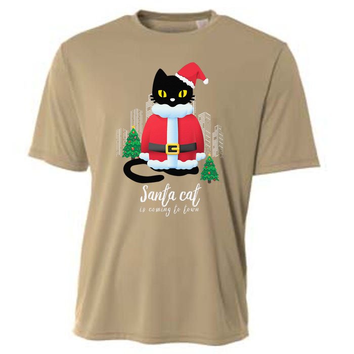 Christmas Cat Cute Humor Santa Is Coming To Town Cat Lover Cooling Performance Crew T-Shirt