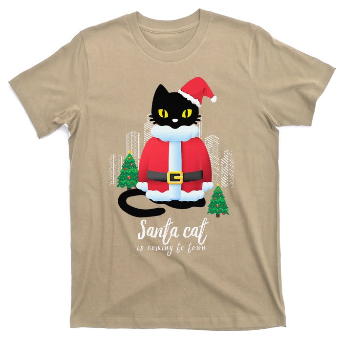 Christmas Cat Cute Humor Santa Is Coming To Town Cat Lover T-Shirt