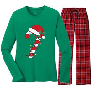 Cute Christmas Candy Cane Santa Hat Xmas Gift Women's Long Sleeve Flannel Pajama Set 