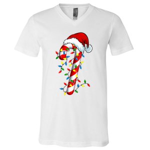 Christmas Candy Cane Santa Hat Women V-Neck T-Shirt