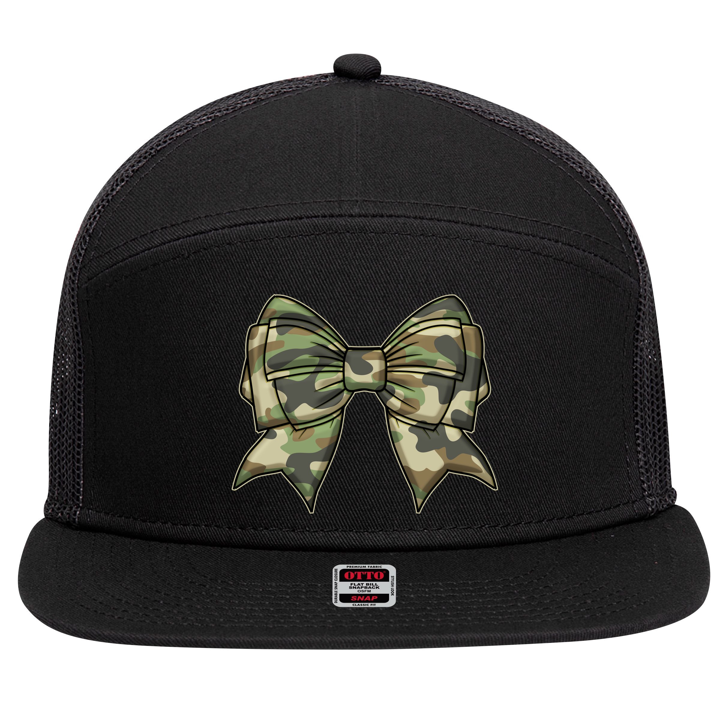Cute Camo Coquette Ribbon Bow 7 Panel Mesh Trucker Snapback Hat