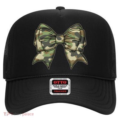 Cute Camo Coquette Ribbon Bow High Crown Mesh Back Trucker Hat