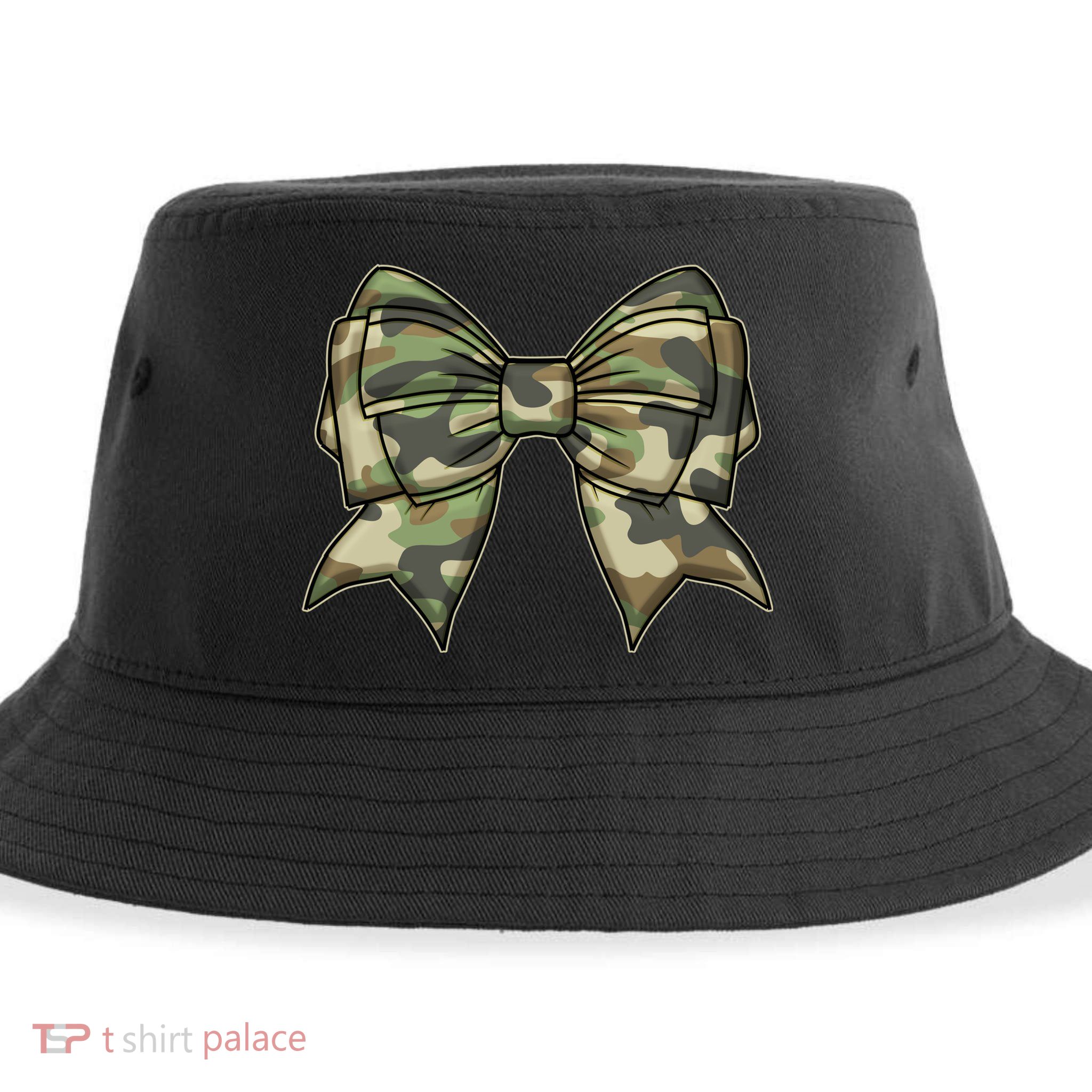Cute Camo Coquette Ribbon Bow Sustainable Bucket Hat