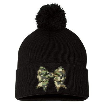 Cute Camo Coquette Ribbon Bow Pom Pom 12in Knit Beanie