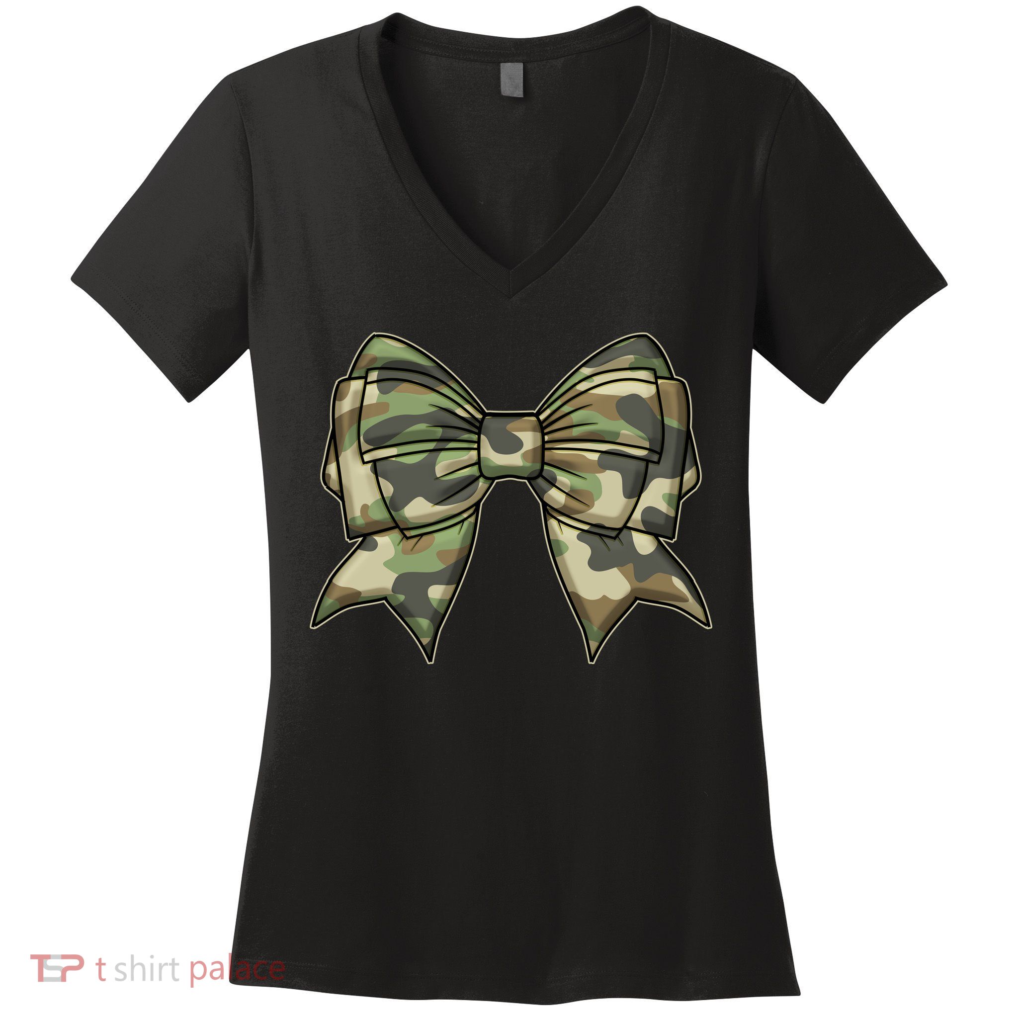 Cute Camo Coquette Ribbon Bow Women's V-Neck T-Shirt