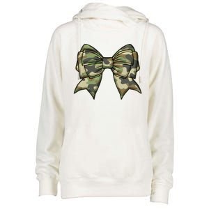 Cute Camo Coquette Ribbon Bow Womens Funnel Neck Pullover Hood