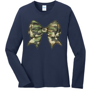 Cute Camo Coquette Ribbon Bow Ladies Long Sleeve Shirt