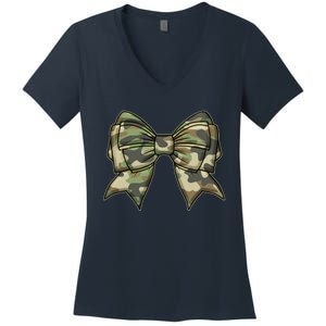 Cute Camo Coquette Ribbon Bow Women's V-Neck T-Shirt