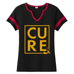 CURE Childhood Cancer Awareness Yellow Gold Ribbon Ladies Halftime Notch Neck Tee