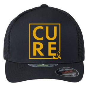 CURE Childhood Cancer Awareness Yellow Gold Ribbon Flexfit Unipanel Trucker Cap