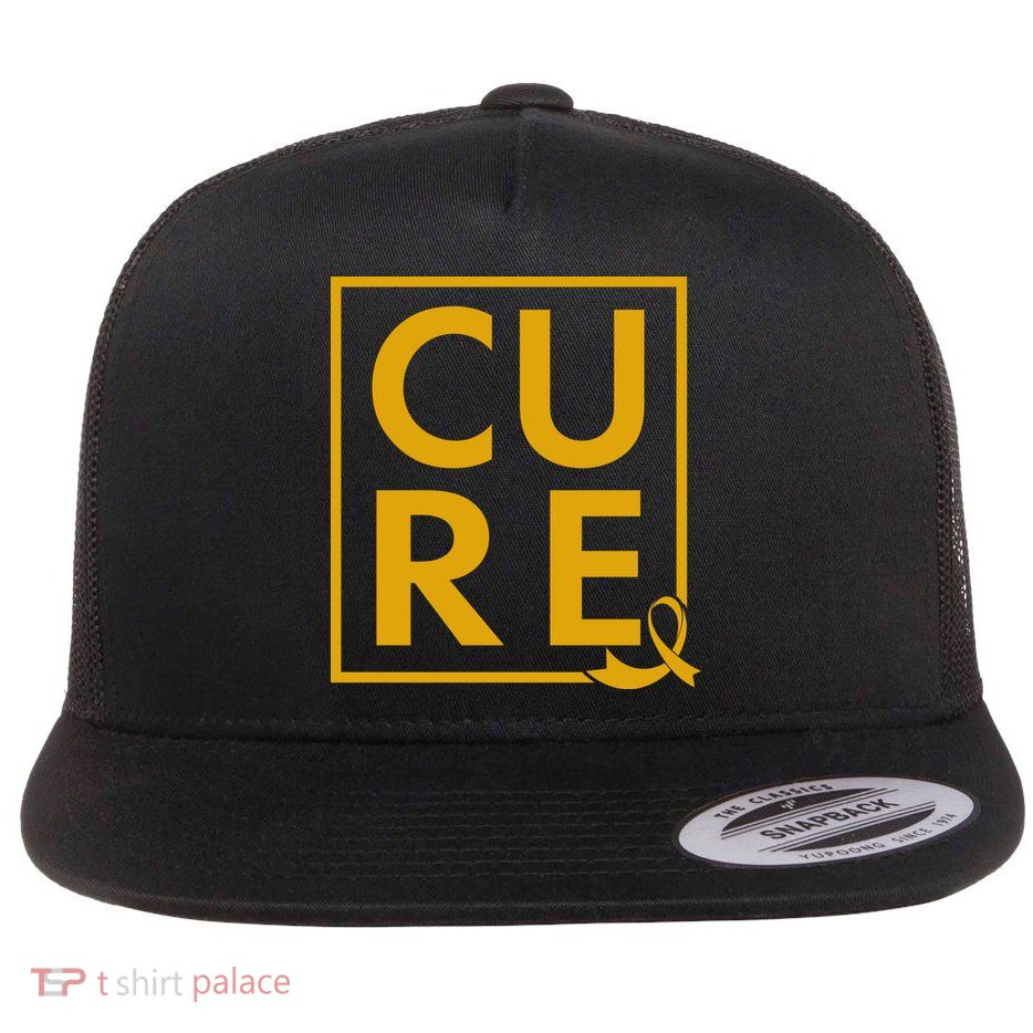 CURE Childhood Cancer Awareness Yellow Gold Ribbon Flat Bill Trucker Hat