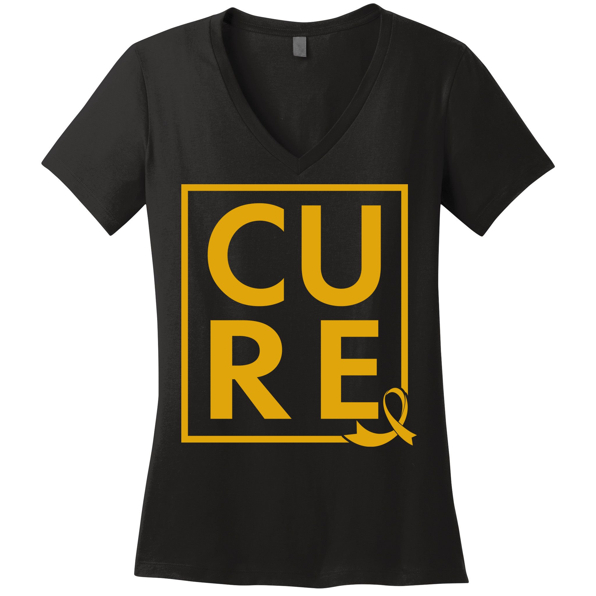 CURE Childhood Cancer Awareness Yellow Gold Ribbon Women's V-Neck T-Shirt