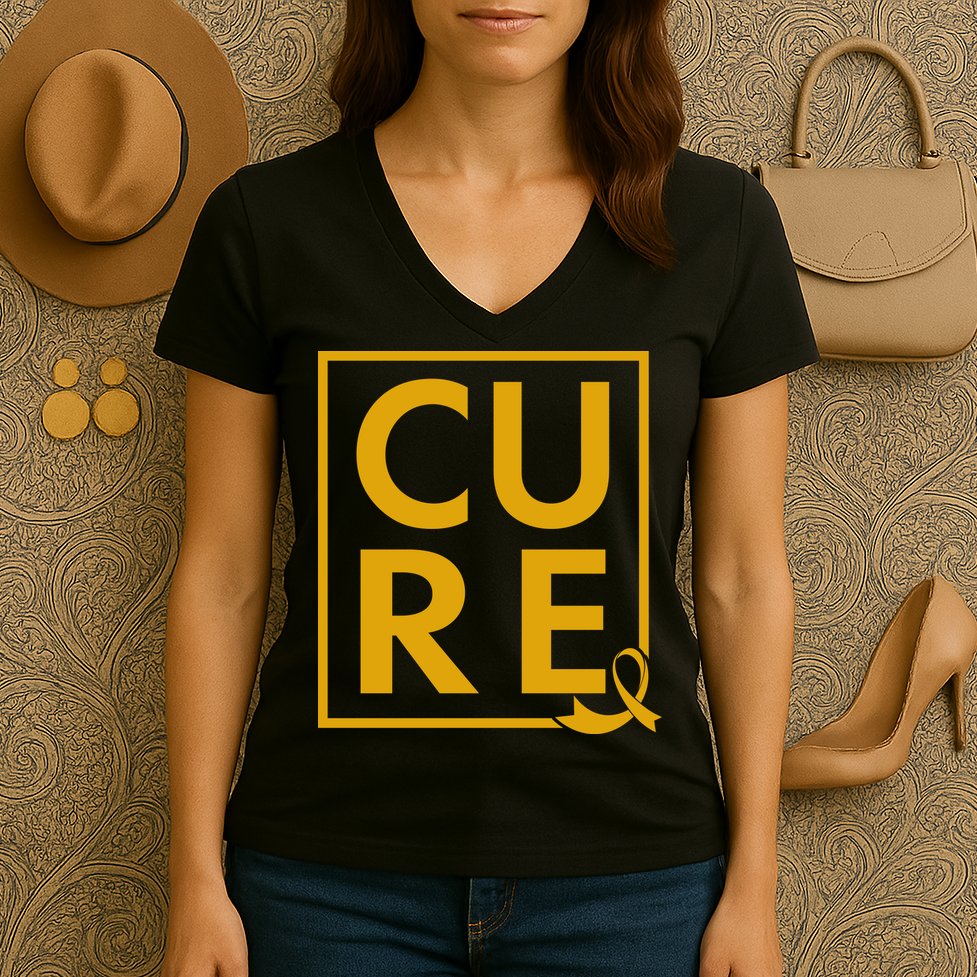 CURE Childhood Cancer Awareness Yellow Gold Ribbon Women's V-Neck T-Shirt