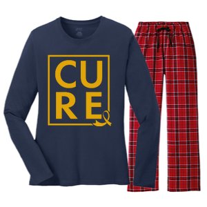 CURE Childhood Cancer Awareness Yellow Gold Ribbon Women's Long Sleeve Flannel Pajama Set 