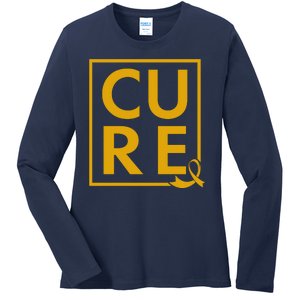 CURE Childhood Cancer Awareness Yellow Gold Ribbon Ladies Long Sleeve Shirt