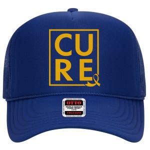 CURE Childhood Cancer Awareness Yellow Gold Ribbon High Crown Mesh Back Trucker Hat