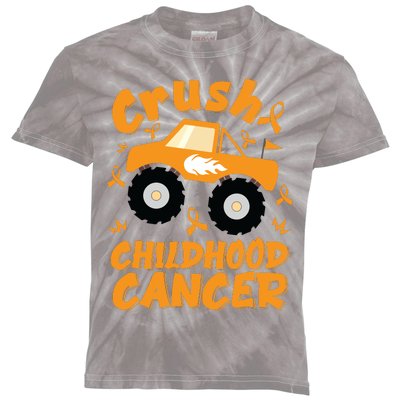 Crush Childhood Cancer Awareness Monster Truck & Gold Ribbon Kids Tie-Dye T-Shirt