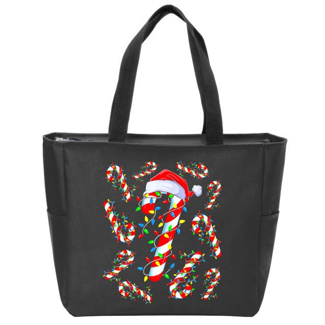 Christmas Candy Cane Santa Lights Zip Tote Bag