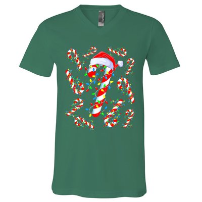 Christmas Candy Cane Santa Lights V-Neck T-Shirt