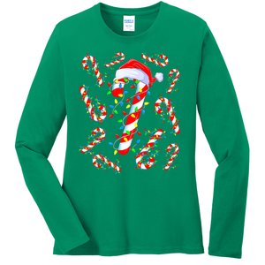 Christmas Candy Cane Santa Lights Ladies Long Sleeve Shirt