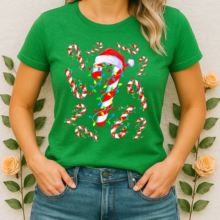 Christmas Candy Cane Santa Lights Womens T-Shirt