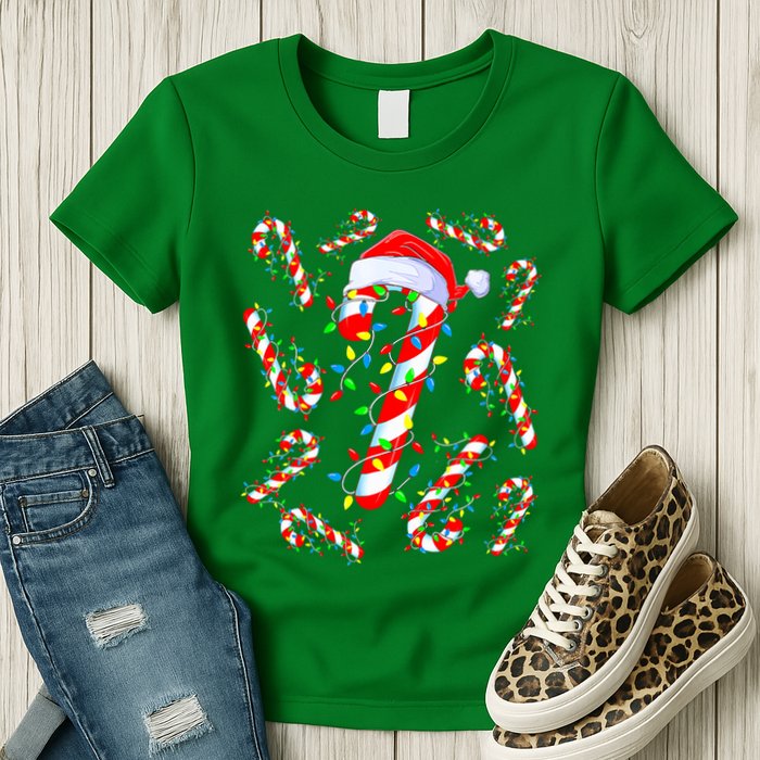 Christmas Candy Cane Santa Lights Womens T-Shirt