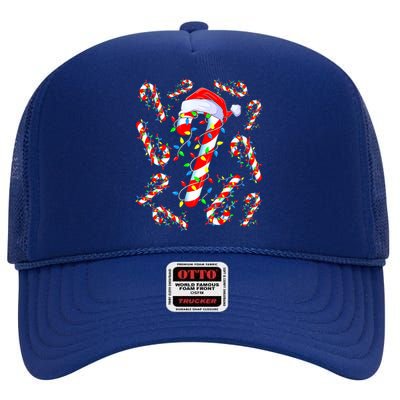 Christmas Candy Cane Santa Lights High Crown Mesh Back Trucker Hat