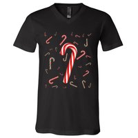 Christmas Candy Cane Santa Hat Xmas Holiday V-Neck T-Shirt