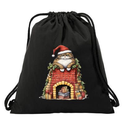 Christmas Cat Chimney Books Drawstring Bag