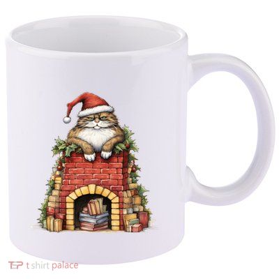 Christmas Cat Chimney Books 11oz C Handle Ceramic Mug
