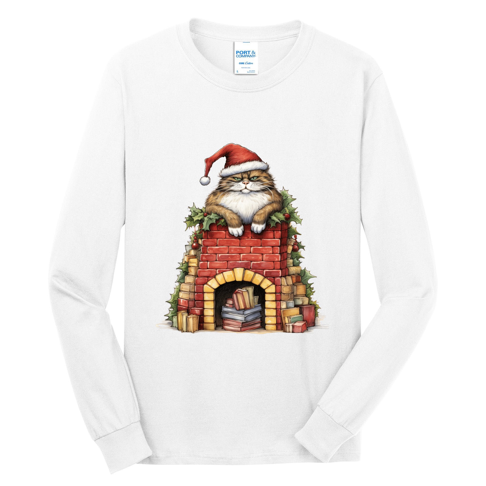 Christmas Cat Chimney Books Tall Long Sleeve T-Shirt