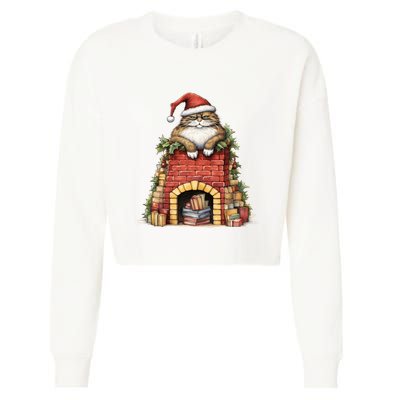 Christmas Cat Chimney Books Cropped Pullover Crew