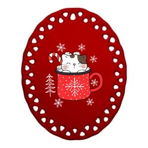 Coffee Cat Christmas Snowflakes Great Gift Ceramic Oval Ornament