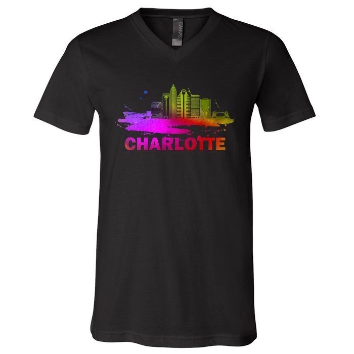 Colorful Charlotte Cityscape Souvenir Charlotte Skyline V-Neck T-Shirt