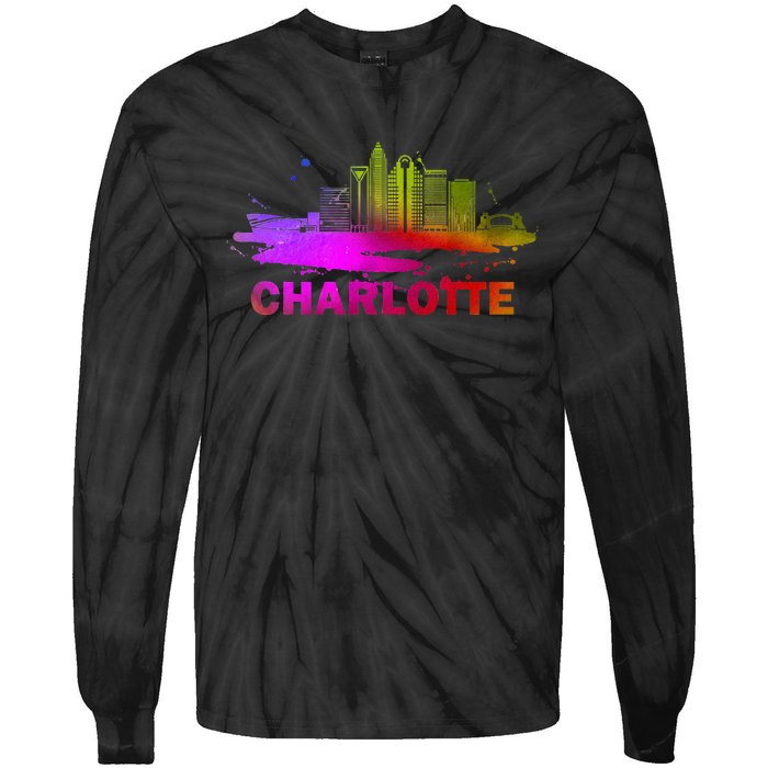 Colorful Charlotte Cityscape Souvenir Charlotte Skyline Tie-Dye Long Sleeve Shirt