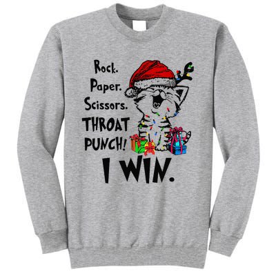 Cute Cat Christmas Rock Paper Scissors Throat Punch I Win Tall Sweatshirt