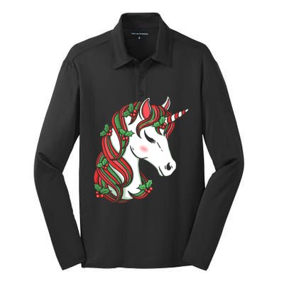 Cute Candy Cane Unicorn Christmas Matching Top Gift Silk Touch Performance Long Sleeve Polo