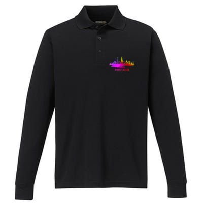 Colorful Chicago Cityscape Souvenir Chicago Skyline Performance Long Sleeve Polo