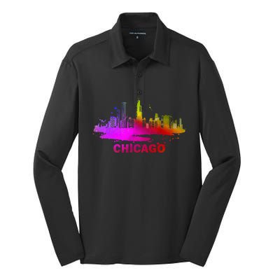 Colorful Chicago Cityscape Souvenir Chicago Skyline Silk Touch Performance Long Sleeve Polo