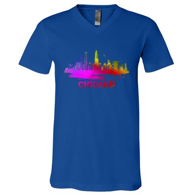 Colorful Chicago Cityscape Souvenir Chicago Skyline V-Neck T-Shirt